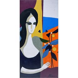 Andre Minaux (French 1923-1986): Cubist Lady with Flowers, oil on board signed 39cm x 19cm