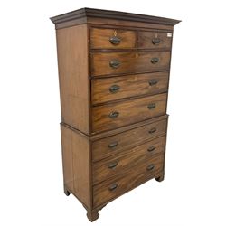 Early 19th century mahogany chest-on-chest, projecting cornice over banded frieze, fitted with two short over six long graduating cock-beaded drawers with bone and timber escutcheons, on bracket feet