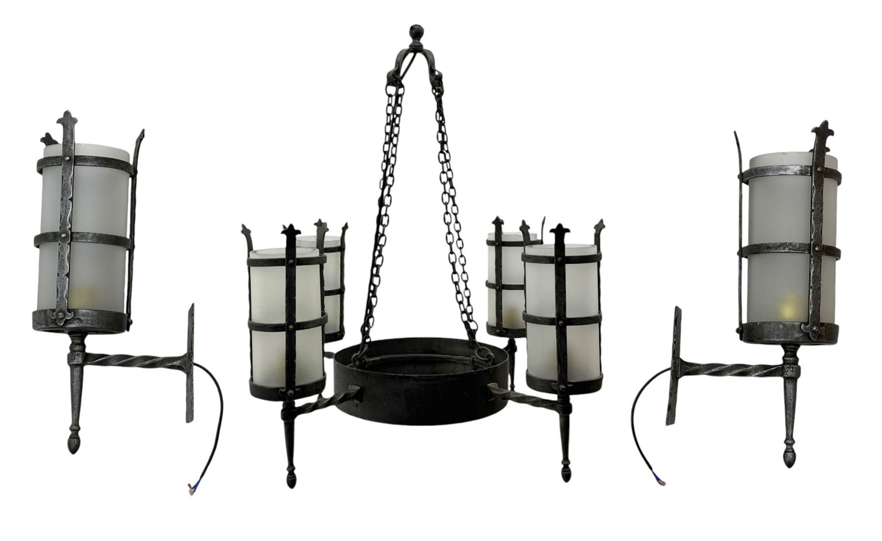 Wrought metal ceiling light, four branch with strapwork lanterns (D55cm); together with a pair of matching wall sconces (H32cm)