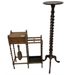 Edwardian oak spiral turned torchere stand, circular dished top, on tripod base (W31cm H125cm); Edwardian oak hallstand, fitted with single drawer, four sectional umbrella or stick stand over drip tray, with associated brush (W60cm H76cm) 