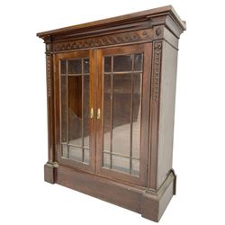 19th century mahogany display cabinet, rectangular top over frieze decorated with Vitruvian scroll mount, enclosed by two astragal glazed doors, the upright rails decorated with trailing bellflowers, on moulded plinth