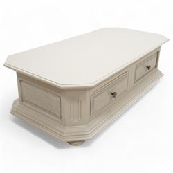 Light grey painted low coffee table, canted rectangular form fitted with two through drawe...