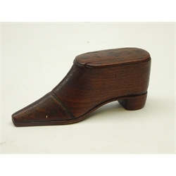  19th century mahogany and pique work shoe snuff box, L10.5cm   