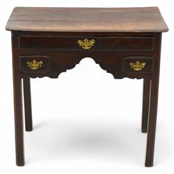 George III oak low-boy, moulded rectangular top, fitted with one long drawer and two short...