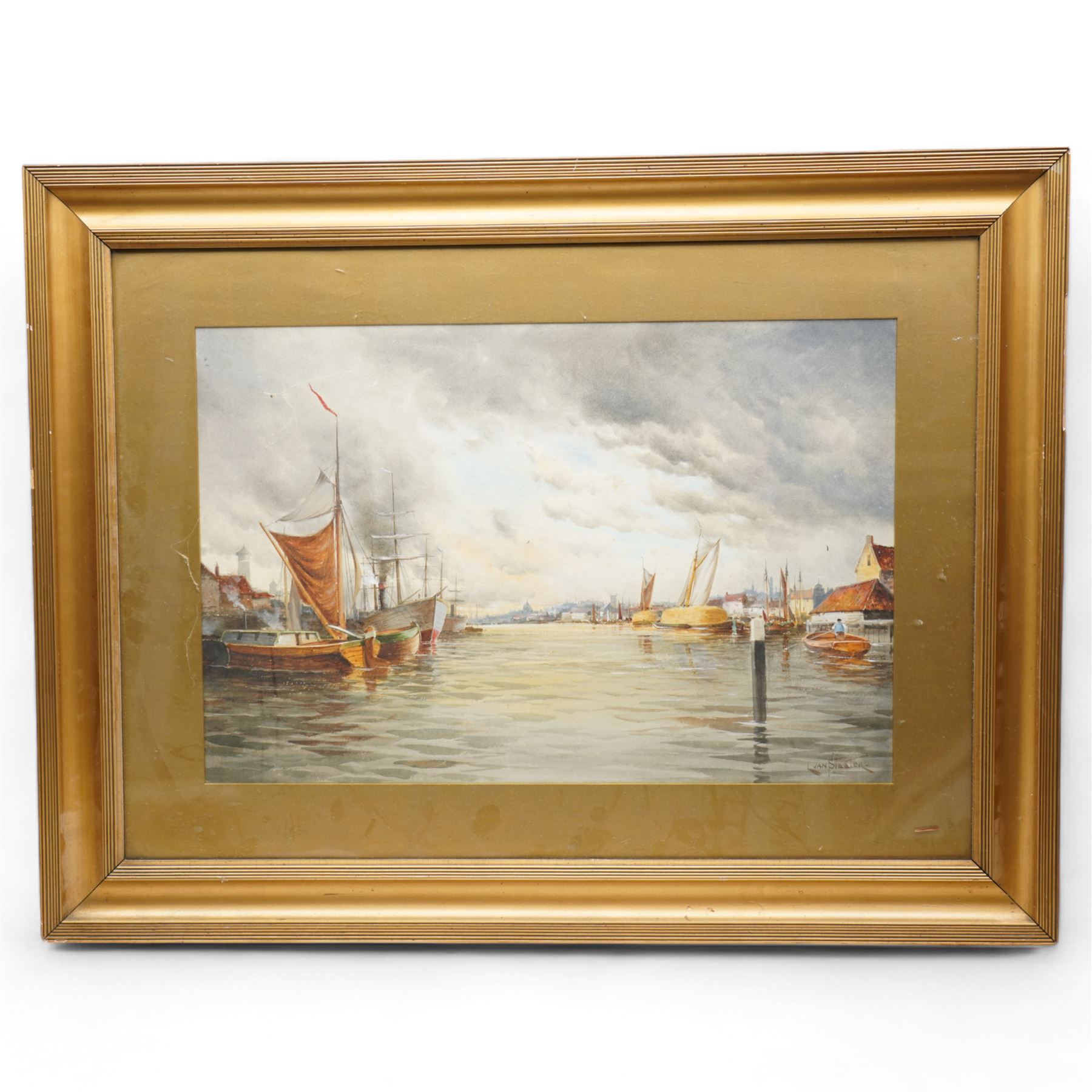 Louis Van Staaten (Dutch 1836-1909): Fishing Boats on a River in Holland, watercolour signed 40cm x 60cm