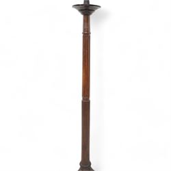 Early 20th century stained beech standard lamp, turned column with fluted and reeded decoration, on three out splayed supports with ball and claw feet, with presentation plaque and shade 