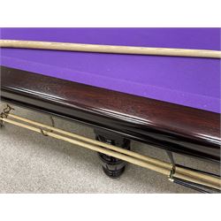 Riley - full-sized 12' x 6' slate bed snooker table, mahogany frame with purple baize, raised on turned and fluted baluster supports, recently refurbished; together with, cues, scoreboard, cover, snooker and pool balls