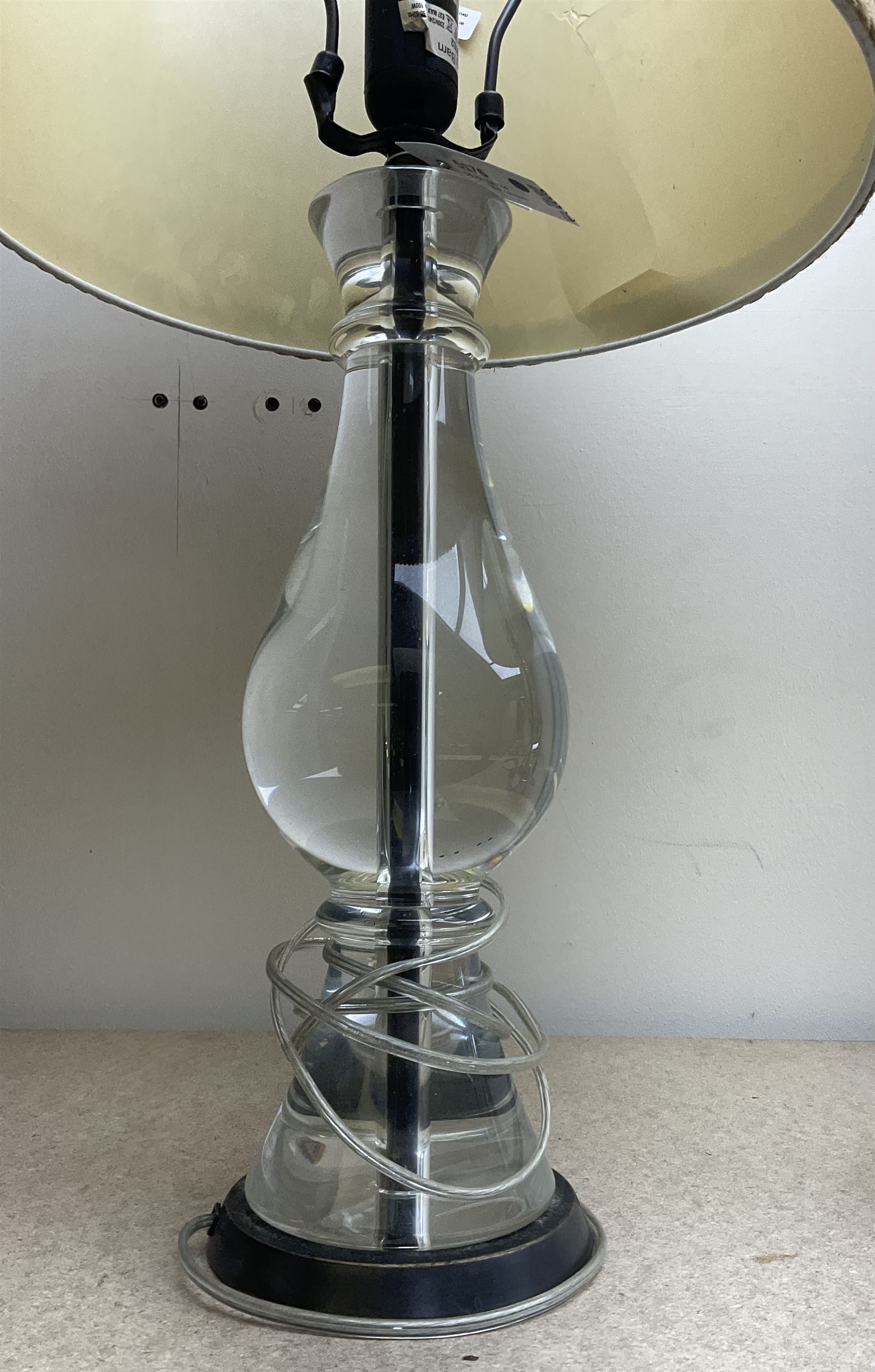 Pair of large clear resin table lamps, of baluster form with cream hessian shades, overall approximately H70cm