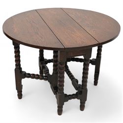 Small 17th century design oak drop-leaf, table oval top over bobbin-turned gate-leg supports, united by stretchers