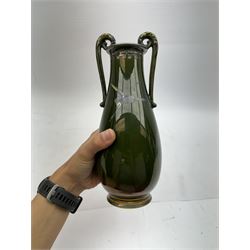 Japanese green twin handled vase, with silver overlay depicting cranes and floral sprigs, H24cm 