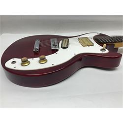 Gibson Marauder style six-string electric guitar with cherry coloured body, marked made in Japan L101cm; in locking hard carrying case