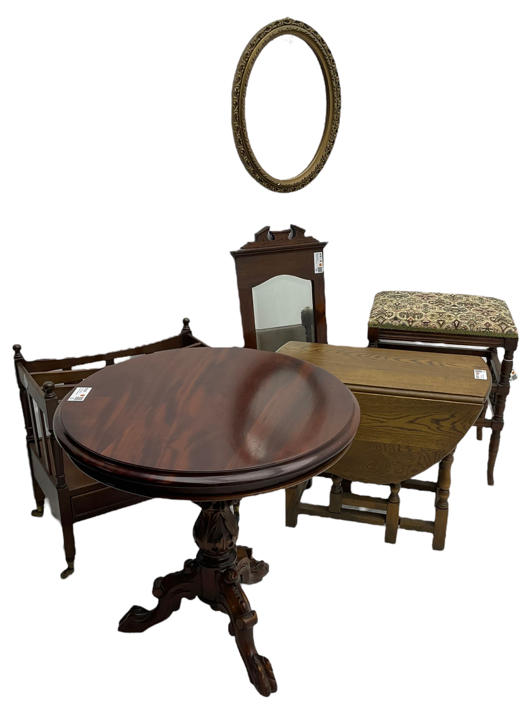 Late 20th century mahogany tripod table, circular moulded top on acanthus carved baluster pedestal, on three splayed supports (D60cm, H59cm); Georgian design mahogany Canterbury; late Victorian piano stool on turned supports; small oak drop-leaf occasional table; late Victorian narrow wall hanging mirror; oval gilt framed mirror (6) 