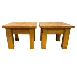 Two pine square coffee tables on block supports