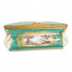 19th century porcelain and gilt brass mounted casket, of waisted rectangular form, the hinged cover painted with Georgiana, Duchess of Devonshire and her child Georgina Dorothy Cavendish, after Sir Joshua Reynolds, within a gilt border on green ground, the sides painted with panels of landscapes within acanthus moulded corners, Derby mark beneath, L14cm x H6cm