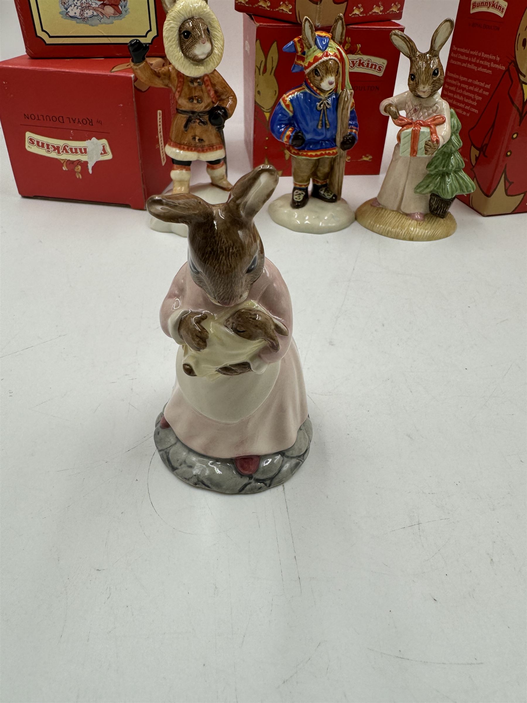 Five Royal Doulton Bunnykins figures, comprising Sleigh Ride, Eskimo, Winter Lapland, Christmas Morning, Mother and Baby, five boxes 