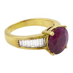 18ct gold single stone ruby ring, with channel set baguette cut diamond shoulders, ruby approx 3.25 carat, total diamond weight approx 0.85 carat