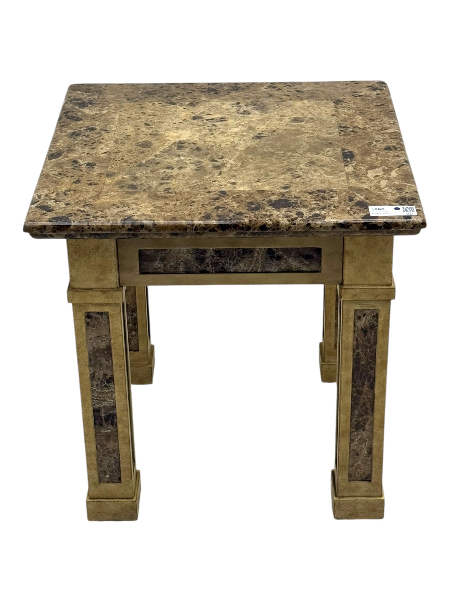 Square lamp table, variegated marble top, on square supports with block feet 