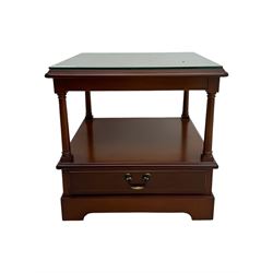 Cherrywood lamp table, square moulded top over undertier and single drawer 