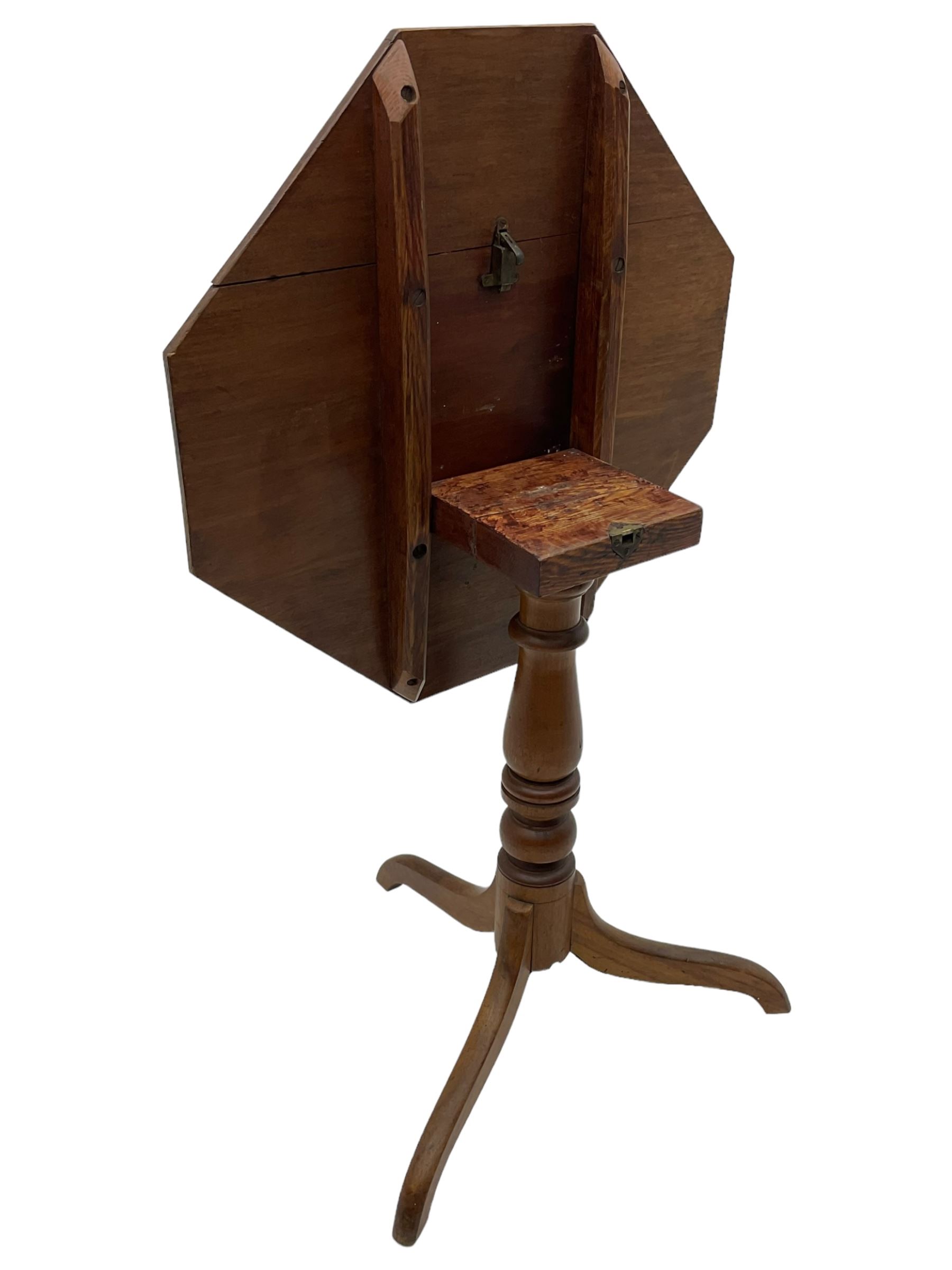 19th century walnut tripod table, square canted tilt-top with chamfered edge, turned pedestal with three splayed supports