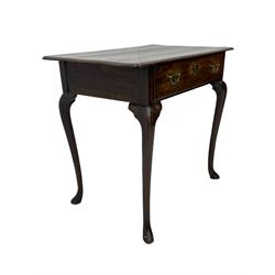 George III oak low-boy, moulded rectangular top with shaped corners, fitted with single drawer, shaped brass handle plates and escutcheon, on cabriole supports 