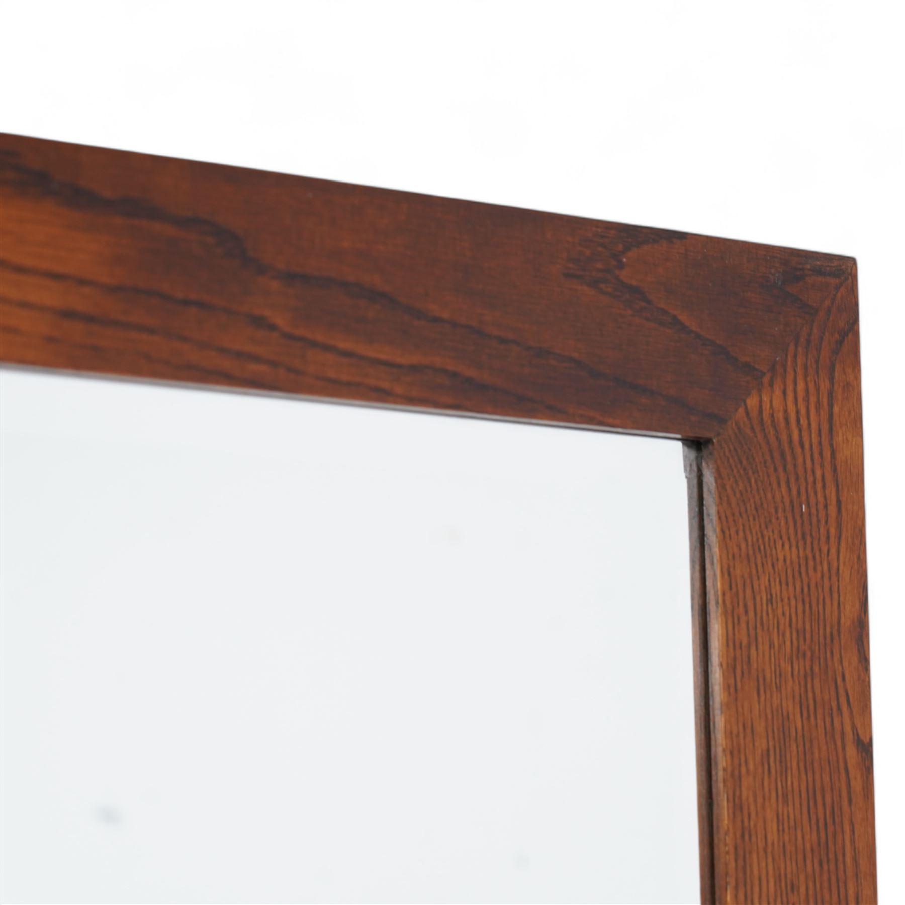 Large oak rectangular framed wall mirror with bevelled plate 