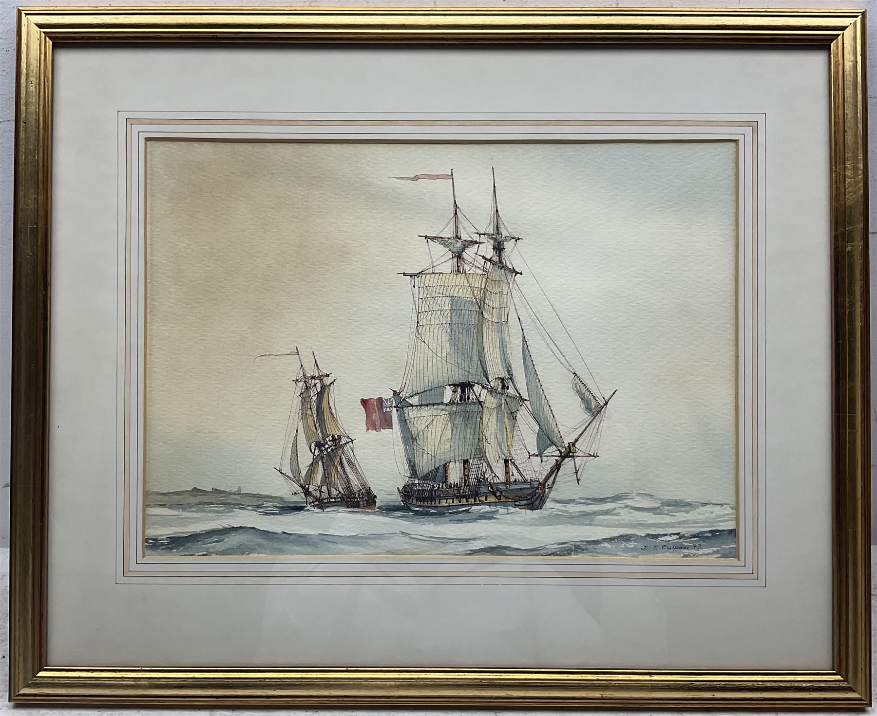 J Terry Culpan (British 20th century): 'Searching for Pirates' and 'Frigate Heaving to Meet Supply Ship', pair watercolours signed, titled verso 26cm x 37cm (2)