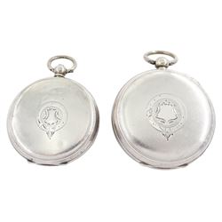 Two silver open face key wound lever pocket watches, one by American Watch Company,  case by Dennison, the other by H.Samuel, white enamel dials with Roman numerals and subsidiary seconds dial and a silver Albert chain with silver cycling fob