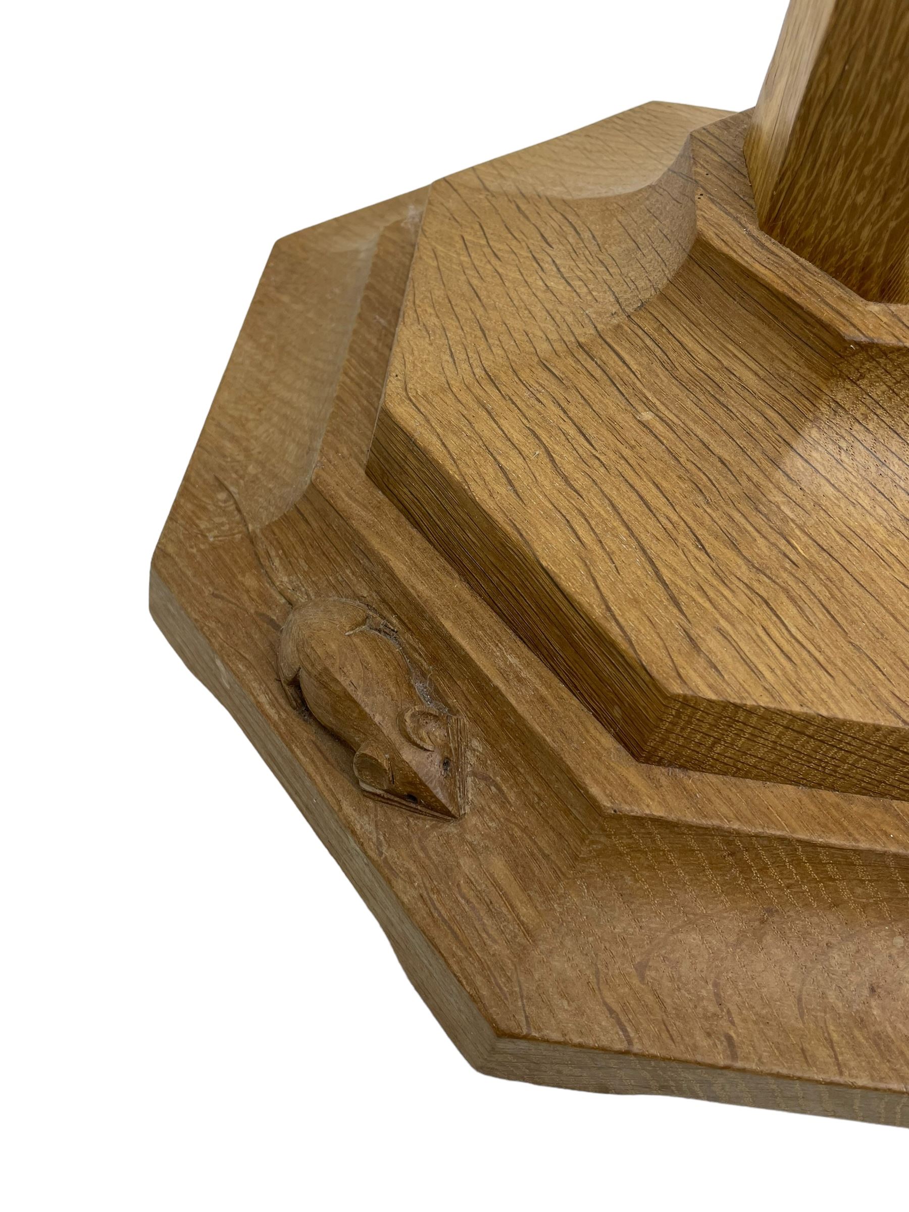 Mouseman - oak standard lamp, octagonal tapered stem on stepped and moulded octagonal base, carved with mouse signature, by the workshop of Robert Thompson, Kilburm 