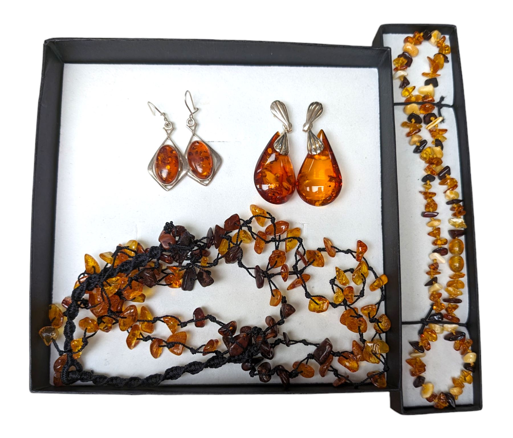 Baltic amber and amber style beaded jewellery, including earrings and necklaces