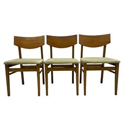 Mid-20th century teak dining table, draw-leaf action extending top, on square tapering supports (98cm - 148cm x 76cm, H75cm); and a set of three dining chairs 