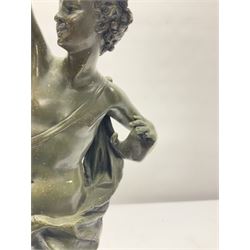 After Ernest Rancoulet, bronzed figure modelled as a man playing the tambourine, upon a stepped circular base, H37cm 