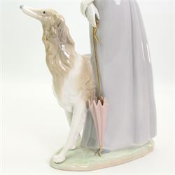 Large Lladro figure of a lady with a Borzoi and holding a parasol H39cm