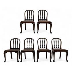 Set of six early 20th century Hepplewhite design mahogany dining chairs, moulded arched fr...