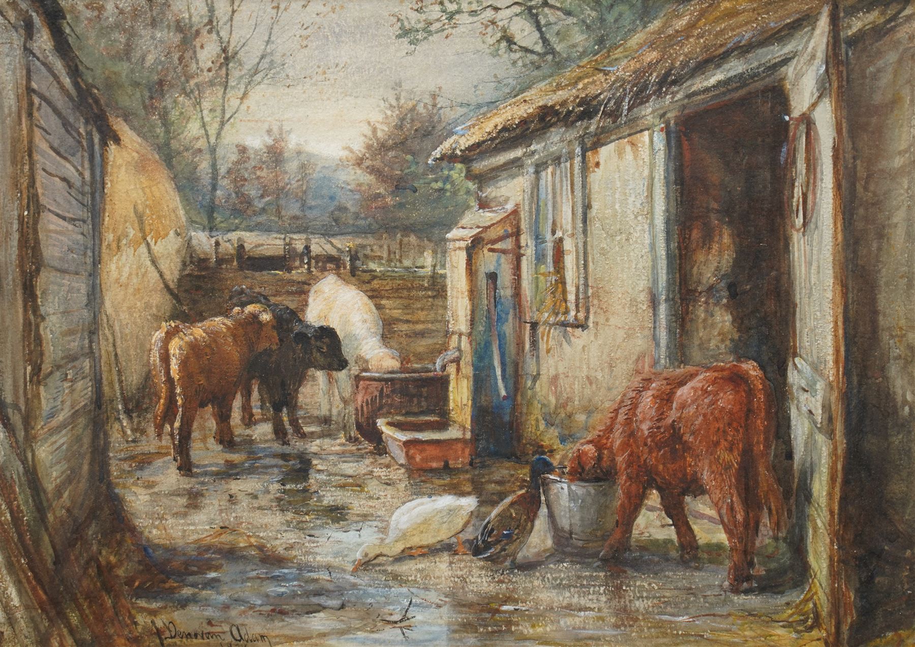 Joseph Denovan Adam (Scottish 1842-1896): Calves Feeding in the Farmyard, watercolour signed and dated 1878, 25cm x 36cm