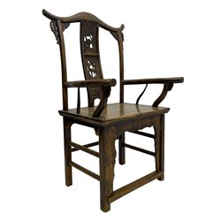 Chinese design elm yoke back 'official's' armchair, the shaped cresting rail over splat decorated with carved and pierced wildlife scenes, shaped projecting arms over rectangular seat, square supports united by plain stretchers, decorated with shaped frame brackets carved with foliage