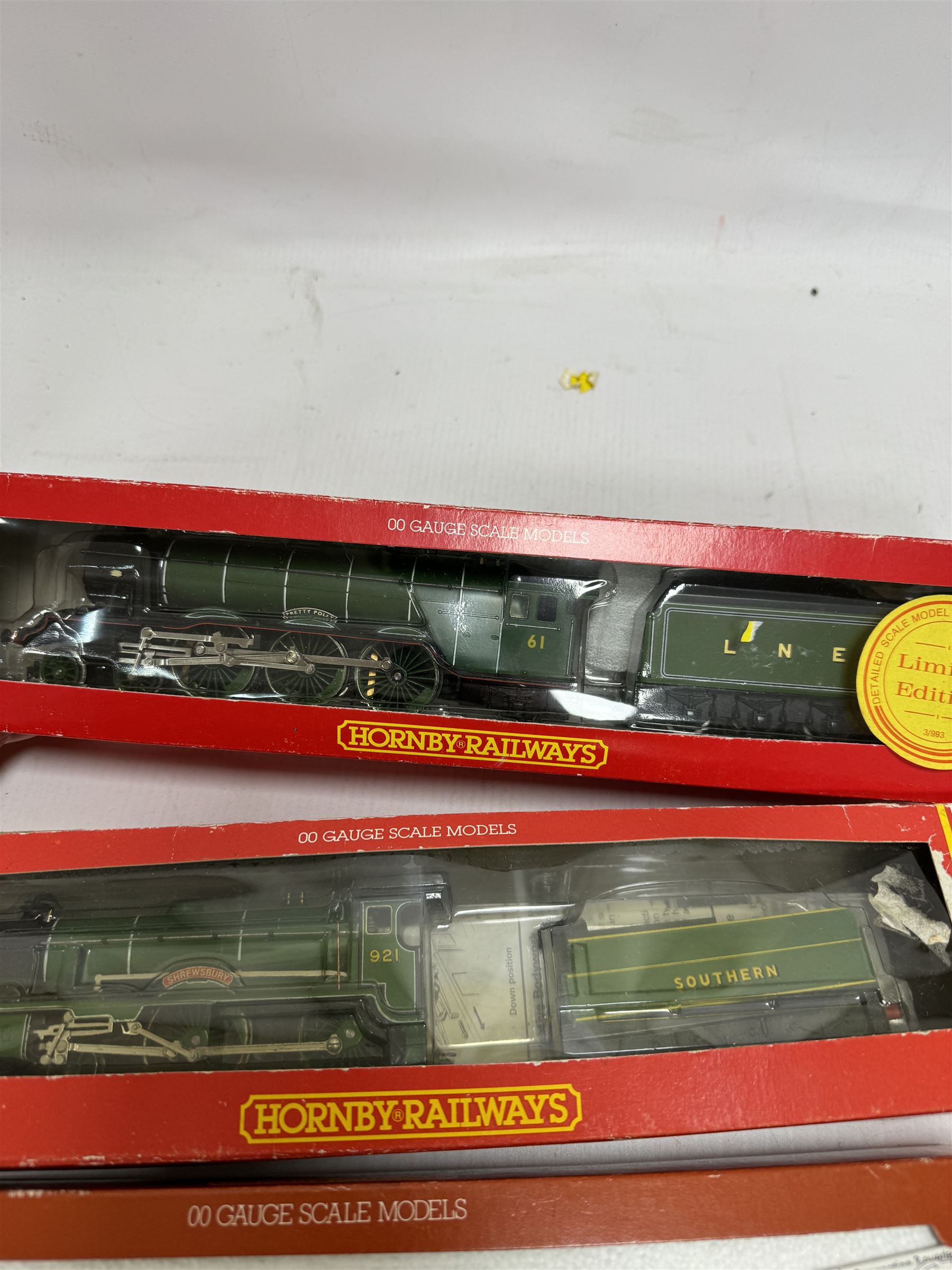 Three Hornby '00' gauge locomotives, comprising R378 LNER Class D49/1 locomotive Cheshire, R583 SR Schools Class 4-4-0 Shrewsbury and limited edition R375 LNER Class A3 4-6-2 Pretty Polly, all boxed