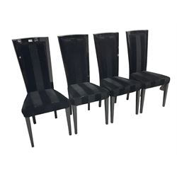 Set of four contemporary ebonised high back dining chairs, upholstered in black velvet fabric