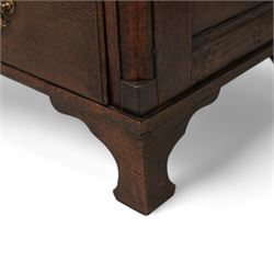 18th century oak chest, rectangular protruding top with moulded edge, fitted with two short over two long drawers, flanked by quarter-canted plain pilasters, raised on shaped bracket feet