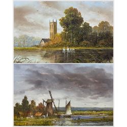 Ronald Cavalla (British 1940-): Village Church and a Windmill, pair oils on board signed 9cm x 13cm (2)