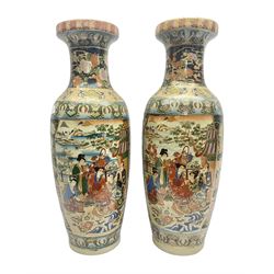 Pair of modern Satsuma vases of baluster form, decorated with figures in within river landscapes and floral borders, highlighted in gilt, H60cm