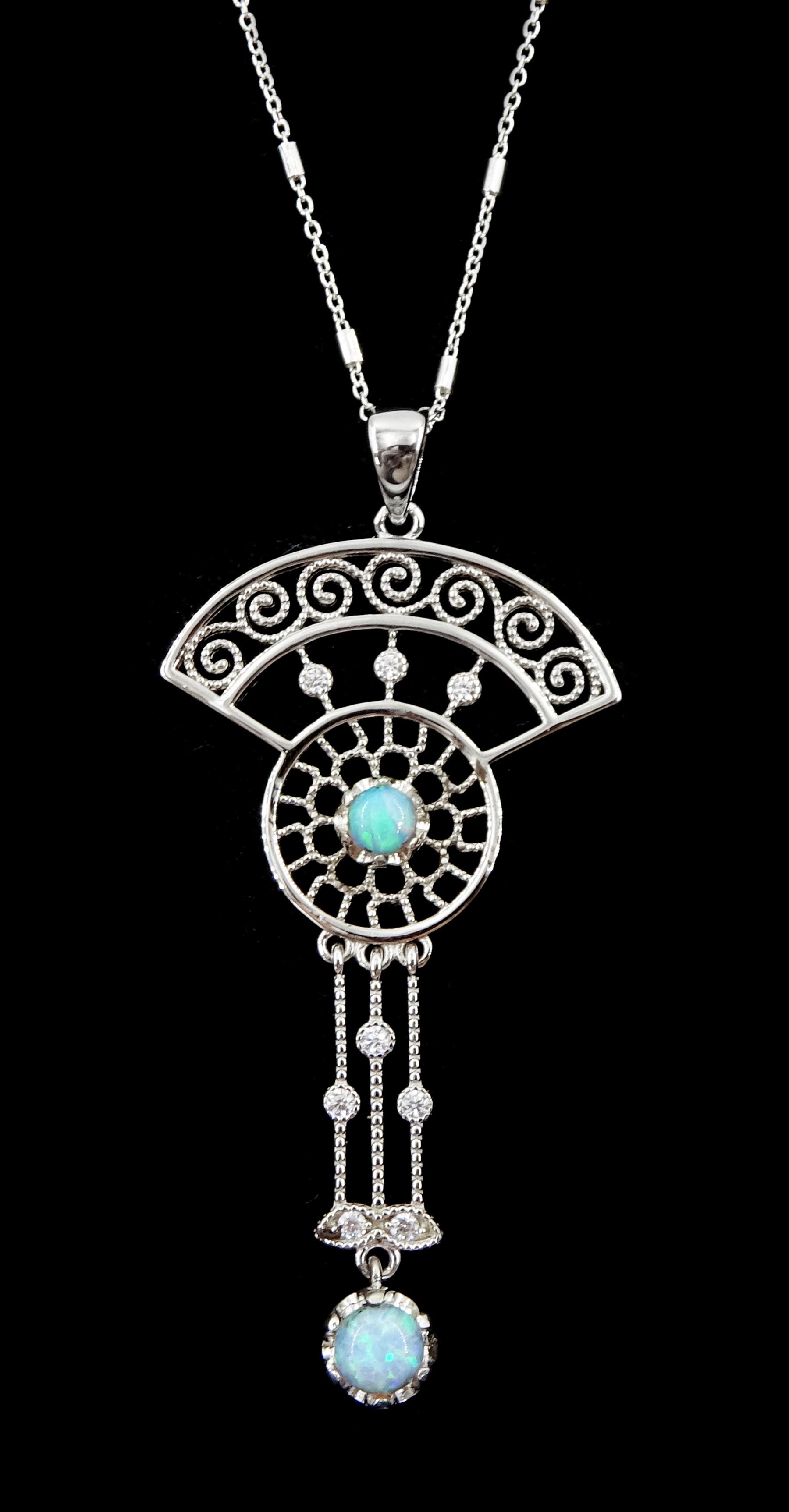 Silver Art Deco style opal openwork pendant necklace, stamped 925