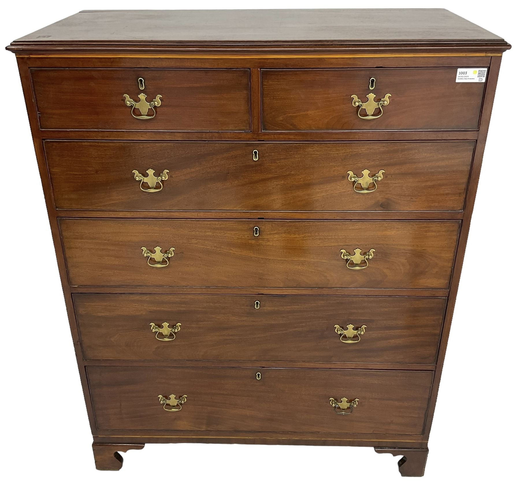 George III mahogany straight-front chest, rectangular top with reed moulded edge, fitted with two short over four long graduating cock-beaded drawers, on bracket feet