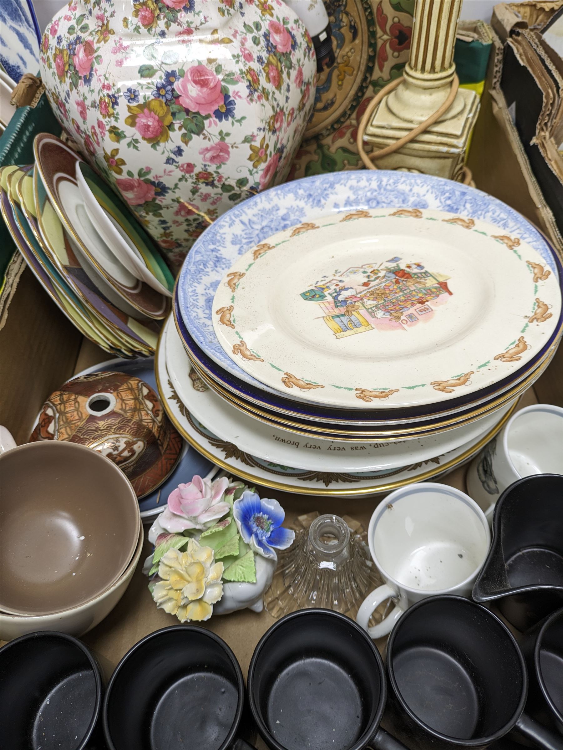 Ceramics including Royal Dolton Bunnykins plate, Portmerion Phoenix pattern mugs, other part tea sets etc, books and other miscellaneous items, in three boxes 