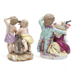 Meissen porcelain group modelled as two cherubs playing with a goat, the oval scroll moulded base heightened in gilt, blue crossed swords, inscribed no. 2454, H10cm, together with a Meissen figure of a young girl and boy, possibly emblematic of autumn, unmarked, (2) Provenance: From the Estate of the late Dowager Lady St Oswald