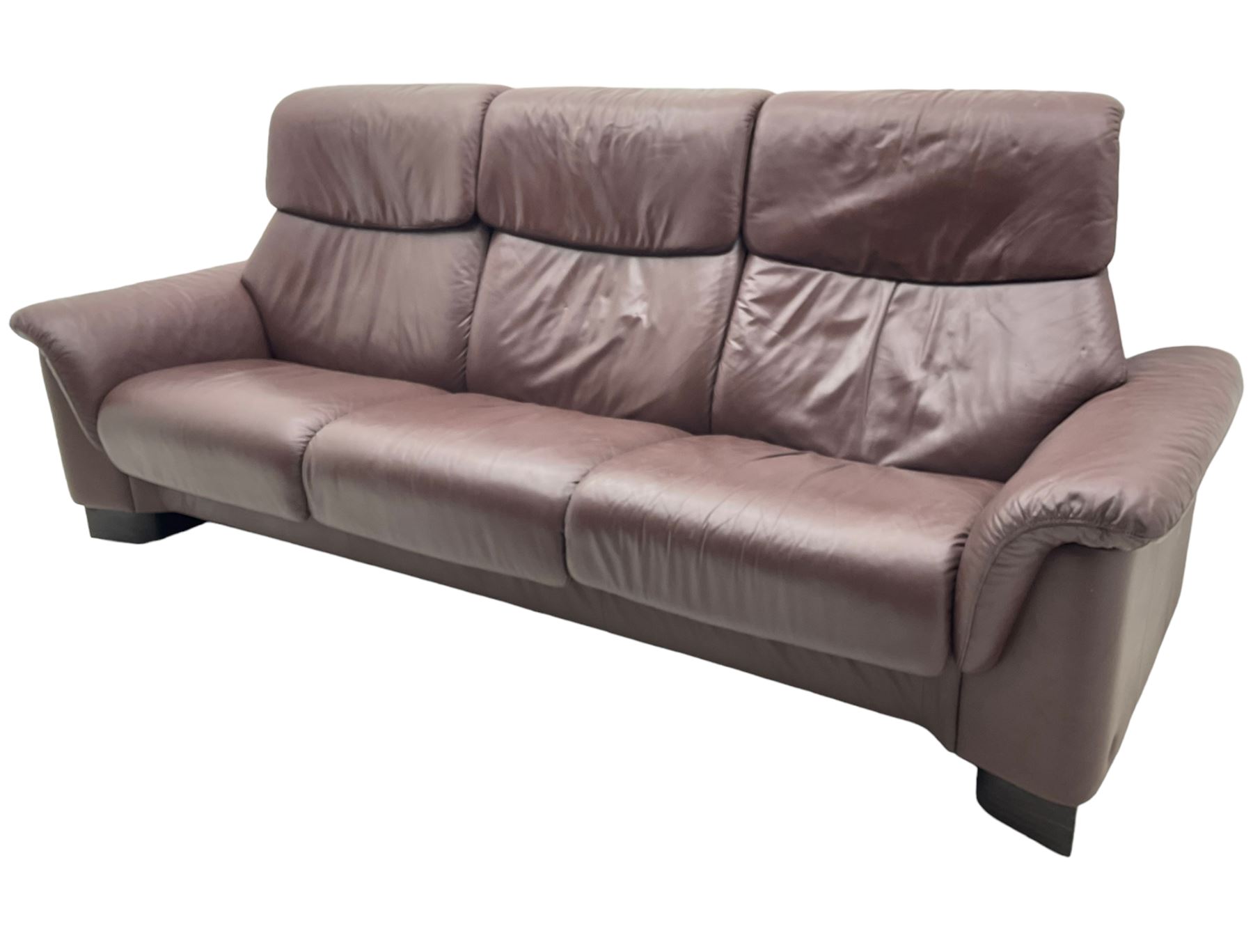 Ekornes Stressless - three-seat sofa upholstered in chocolate brown leather, with high backrests, cushioned headrests, and manual reclining mechanism (L248cm, D84cm, H102cm); with matching two-seat sofa (L184cm, D84cm, H102cm)