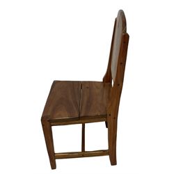 Mid-to-late 20th century teak dining table, rectangular top with canted corners, on square tapering supports with spade feet (214cm x 119cm, H76cm); and a set of eight Burmese reclaimed teak dining chairs, high arched back over panelled seat