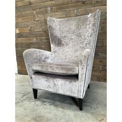 4 x Wing back armchair upholstered in silver crushed velvet fabric