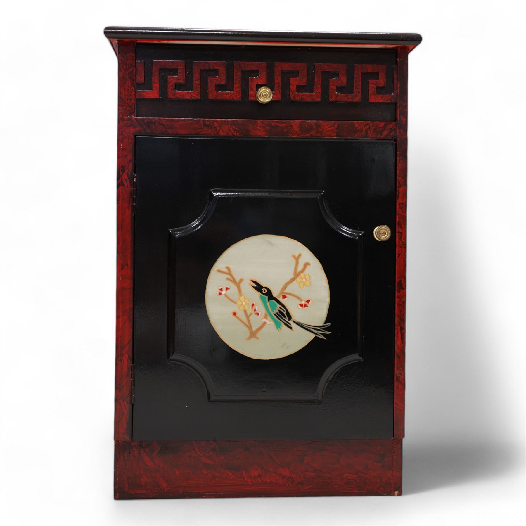 Set of three late 20th century Chinese design black lacquered bedside cabinets, fitted with single drawer with raised Greek key band, single cupboard below decorated with bird on floral branch 