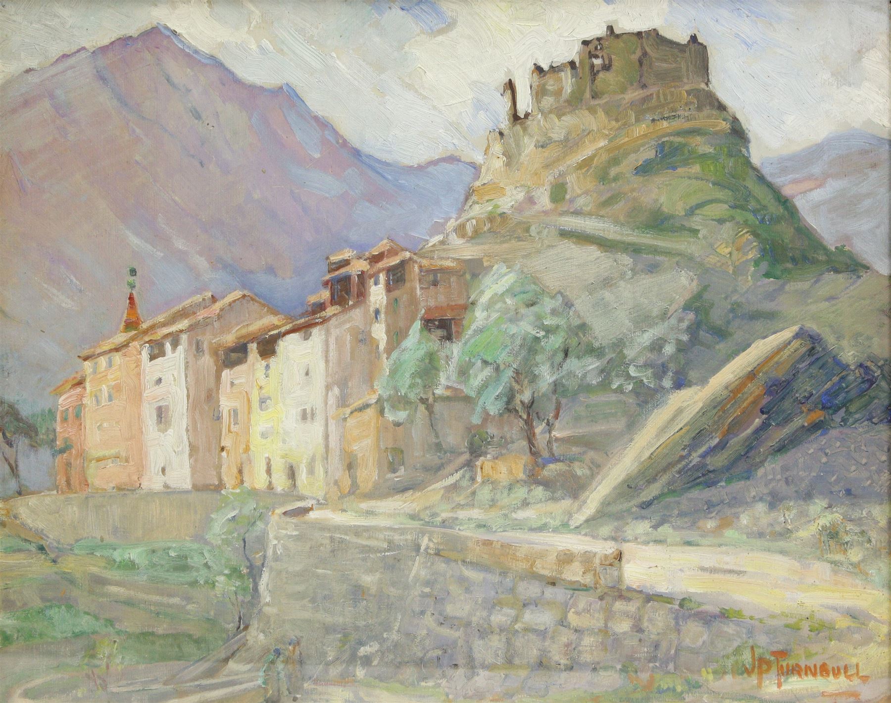 J P Turnbull (British 20th Century): Castle Ruins on Mountain Top, oil on board signed 32cm x 40cm 