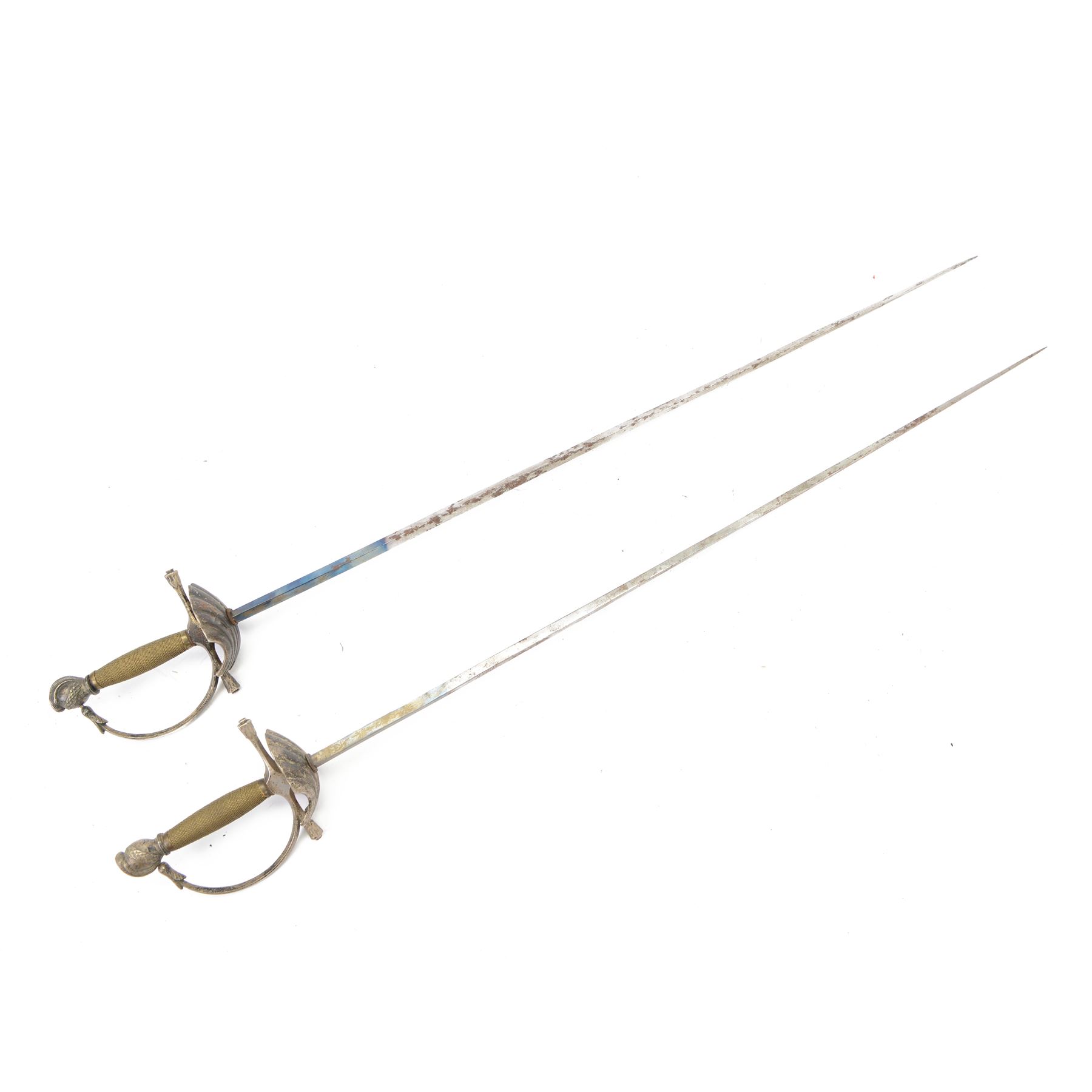 Pair of Rapier swords, with four sided blades, hilt with scalloped shell guard and wire grip, L97cm